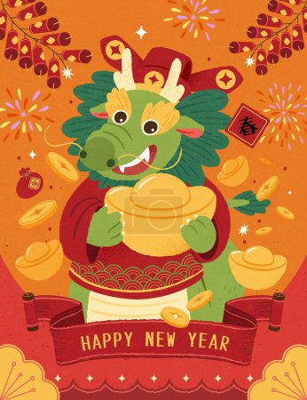 Festive Chinese new year poster. Dragon God of wealth holding gold ingot on festive background with CNY decorations. Text: Spring. Fortune.