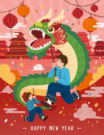 Handgezeichnetes Plakat zum chinesischen Neujahr. Menschen führen Drachentanz auf Hintergrund mit traditionellen Gebäuden, Laternen, Konfetti und orientalischen Wolken auf.