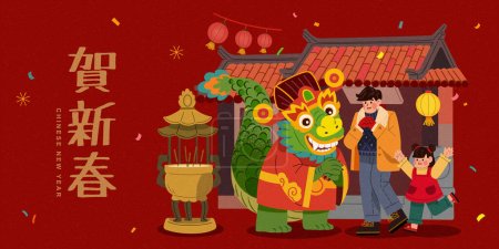 Ilustración de año nuevo chino. Dios de la riqueza dragón y la gente se saludan frente al templo en un fondo rojo oscuro. Texto: Feliz año nuevo.