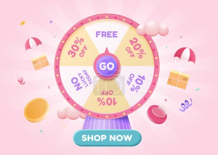 Adorable online sale ad with lucky wheel and party decors on pink ray background