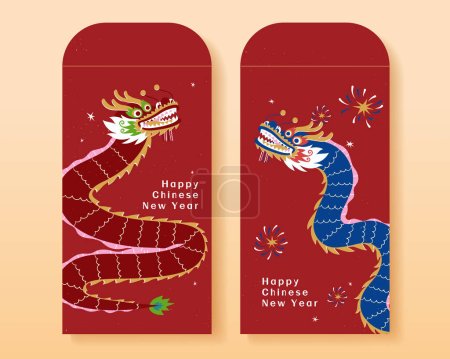 Ensemble d'enveloppe rouge CNY isolé sur fond beige. Avec des dragons rouges et bleus de bon augure.