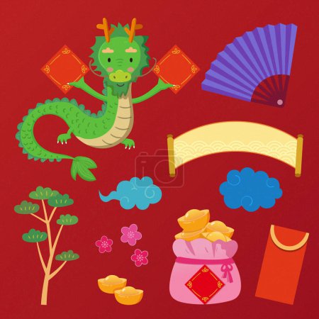 Elementos CNY de estilo plano aislados sobre fondo rojo brillante. Incluyendo dragón y decoraciones festivas.