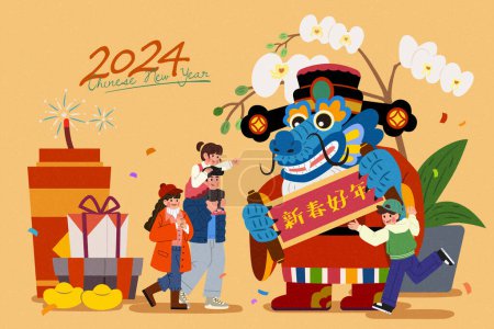 God of wealth dragon greeting people on beige background with festive decors around. Text: Happy New Year.