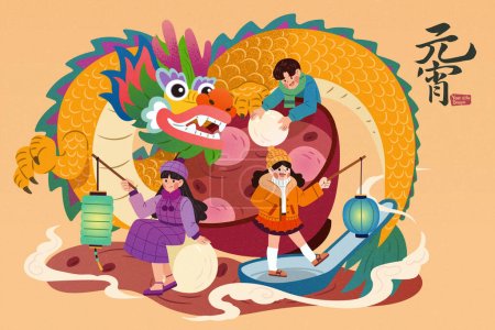 Dragon and people with lantern surrounding a bowl of sweet rice balls soup. Text: Lantern Festival.