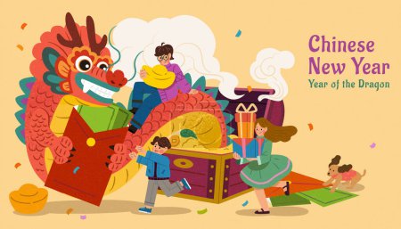 Illustration for CNY Dragon popping out from treasure chest with people around on beige background. - Royalty Free Image