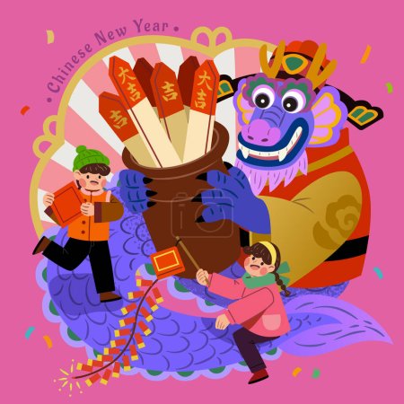 God of wealth dragon with fortune sticks and people on CNY. Text: Lucky. Great Luck. Lucky. Great Luck.