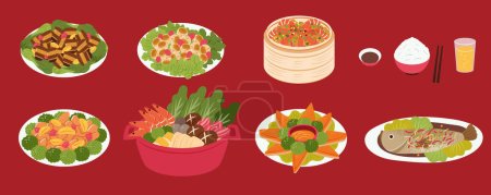 Illustration for Delicious CNY reunion dinner dishes isolated on red background. - Royalty Free Image