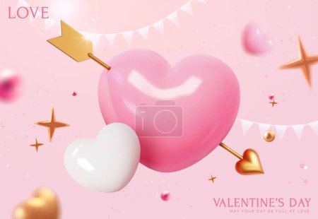 Ilustración de Corazón rosa 3D con flecha dorada sobre fondo rosa claro con corazones y decoraciones festivas. - Imagen libre de derechos