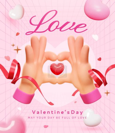 Ilustración de Cartel de San Valentín con decoración festiva sobre fondo de rejilla rosa claro. - Imagen libre de derechos