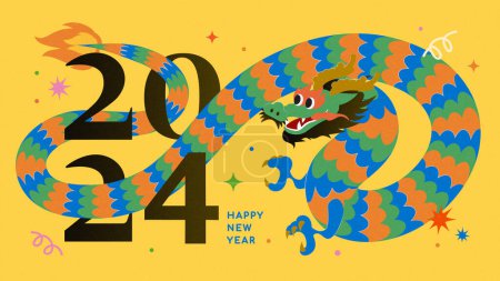 Carte de voeux CNY rétro avec motif dragon enchevêtrement autour de 2024 sur fond jaune.