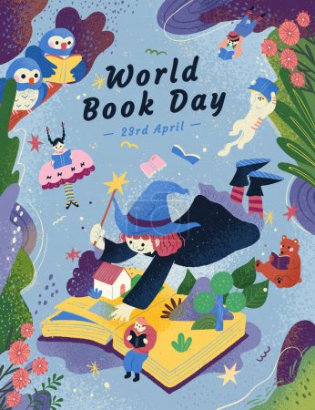 Téléchargez les illustrations : Journée mondiale du livre petite sorcière flottant sur le dessus du livre dans la forêt avec des personnages de conte de fées autour. - en licence libre de droit