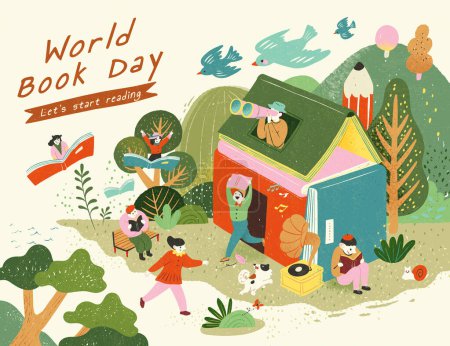 Téléchargez les illustrations : Affiche de la journée mondiale du livre avec des gens adorables errant autour de la maison en livre dans la forêt. - en licence libre de droit