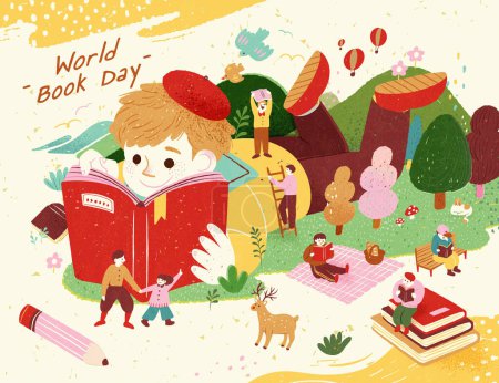 Téléchargez les illustrations : Affiche de la journée mondiale du livre avec un garçon allongé sur la prairie lisant un livre avec des gens miniatures autour - en licence libre de droit
