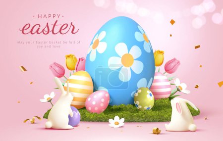 Téléchargez les illustrations : Carte de Pâques 3D avec des lapins devant des œufs peints sur l'herbe entourée de fleurs. - en licence libre de droit