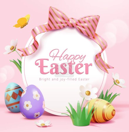 Illustration for 3D Easter greeting card with round board, painted eggs, and flowers on light pink background. - Royalty Free Image