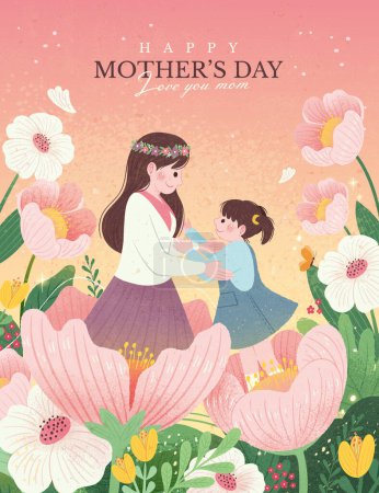 Ilustración de Estilo dibujado a mano Tarjeta del día de la madre. Mamá y su hija abrazándose mientras están de pie sobre flores en un jardín. - Imagen libre de derechos