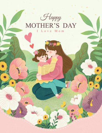 Téléchargez les illustrations : Joyeux poster de la fête des mères. Maman et fille dans un jardin entouré de belles plantes. - en licence libre de droit