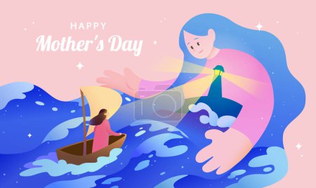 Illustration for Heartwarming Mothers Day card. Mom guiding daughter like a lighthouse in the ocean on pink background - Royalty Free Image