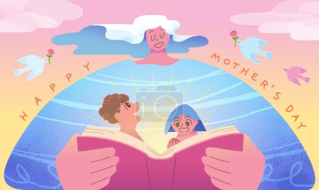 Adorable Mothers Day card. Mom reading story book to her children on yellow pink gradient background.