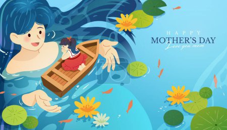 Téléchargez les illustrations : Carte fantaisiste de la fête des mères. Mère dans la rivière guidant fille confuse sur un bateau. - en licence libre de droit