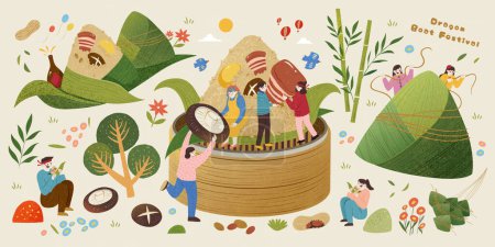 Illustration for Duanwu zongzi elements of miniature people and food ingredient isolated on beige background - Royalty Free Image