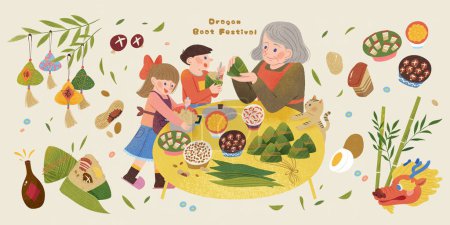 Ilustración de Elementos Duanwu de personas que preparan zongzi e ingredientes alimentarios aislados sobre fondo beige. - Imagen libre de derechos