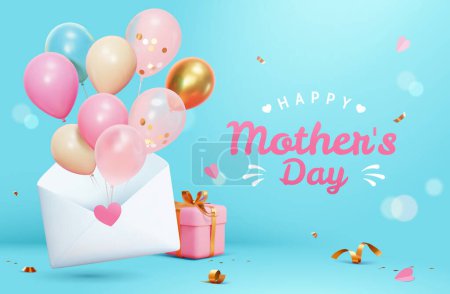 3D Mothers Day card with balloons popping out from an envelope on light blue background.