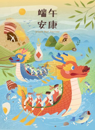Drachenboot rast durch Fluss mit Zongzi-Bergen. Text: Sicheres und gesundes Drachenboot Festival