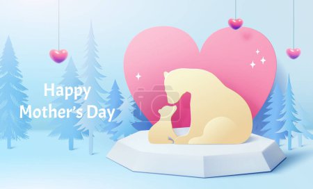 3D paper art Mothers Day card. Polar bear mom and cub on ice block podium in winter forest.