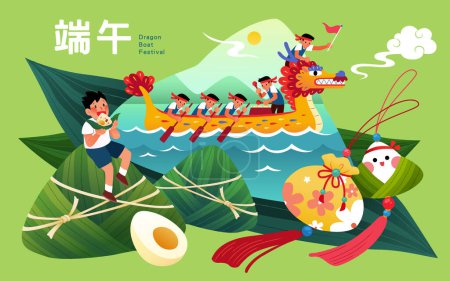 Illustration for Dragon boat race in zongzi shape frame and festive decors on green background. Text: Duanwu. - Royalty Free Image