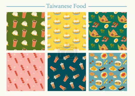 Colorful Taiwanese street food, desserts and drink pattern wallpapers isolated on white background