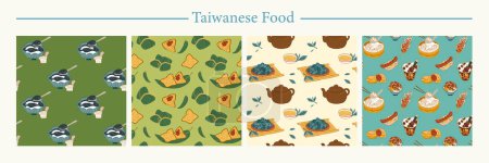 Taiwanese street food, holiday cuisine and tea set pattern wallpapers isolated on white background.