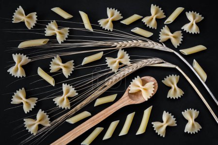 Foto de Farfalle crudo y pasta de penne sobre un fondo negro. Vista superior del ingrediente de la cocina italiana - Imagen libre de derechos