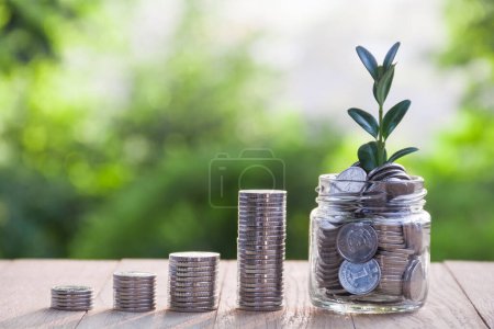 Foto de Columns of coins and accumulation of coins in a glass jar. The concept of financial growth. The concept of accumulation growth - Imagen libre de derechos