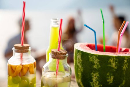 Group of fresh drinks, cold summer lemonades, healthy cocktails. Drink summer travel concept.