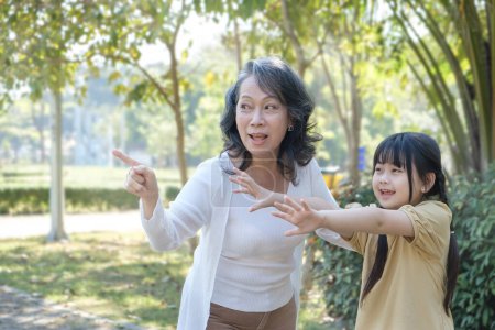 Téléchargez les photos : Happy middle aged woman and grandchild pointing to something while walking in the park. - en image libre de droit