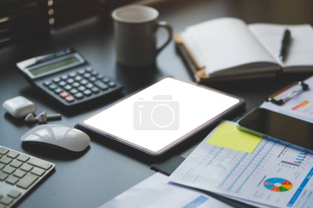 Photo for Business graphs, charts, digital tablet and calculator on office desk. Financial development, banking account and statistics. - Royalty Free Image