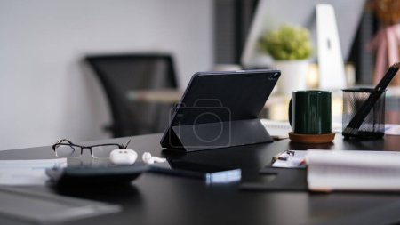 Photo for Bright modern workplace with laptop computer and office supplies. - Royalty Free Image