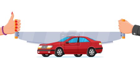 Illustration for Two Handed Saw Cuts Car in Half. Property Division or Section Concept. Vehicle Divide. Woman and Man Cuts Automobile After End of Marriage. Dissolution of Marriage Contract. Flat Vector Illustration - Royalty Free Image