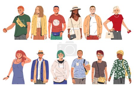 Illustration for Group of Fashion People Characters. Young Man and Woman in Trendy Outfit Standing Together. Guys and Girls with Different Hairstyles and Ethnicities in Stylish Casual Clothes. Flat Vector Illustration - Royalty Free Image