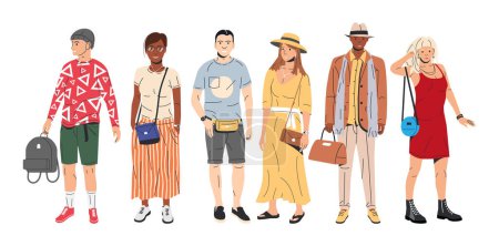 Illustration for Group of Fashion People Characters. Young Man and Woman in Trendy Outfit Standing Together. Guys and Girls with Different Hairstyles and Ethnicities in Stylish Casual Clothes. Flat Vector Illustration - Royalty Free Image