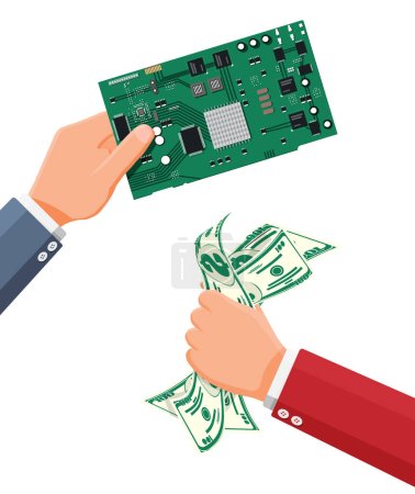 Illustration for Buyer Hand with Money and Hand With Microchip. Concept of Semiconductor Shortage due Coronavirus Pandemic. Problems with Supply Chain of Computer or Electronics Manufacturing. Flat Vector Illustration - Royalty Free Image