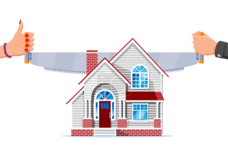 Illustration for Two Handed Saw Cuts House in Half. Property Division or Section Concept. Real Estate Divide. Woman and Man Cuts House After End of Marriage. Dissolution of Marriage Contract. Flat Vector Illustration - Royalty Free Image