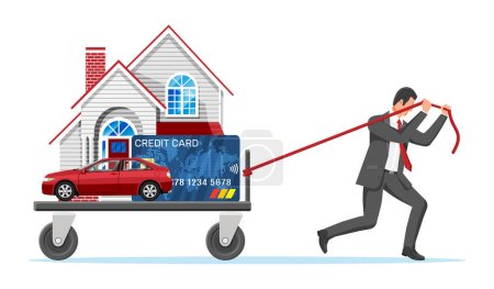 Illustration for Businessman Pulling Burden Cart with with House Building, Car and Credit Card. Tax, Debt, Fee, Crisis, Bankruptcy. Cost of Living. Debt and Mortgage Loans. Cartoon Flat Vector Illustration - Royalty Free Image