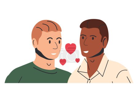 Illustration for Multiethnic Gay Man Couple Isolated. Young Homosexual Couple Hugging Holding Hands. Two LGBT Male People Embrace and Looking Each Other. LGBT Pride, Gender Identity. Cartoon Flat Vector Illustration - Royalty Free Image
