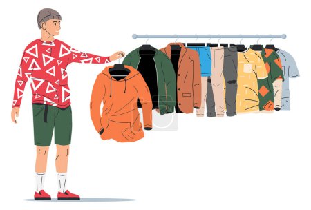 Illustration for Man Near Rack with Clothes. Mens Clothes on Hanger. Home or Shop Wardrobe. Clothes and Accessories. Various Hanging Clothing. Jacket, Shirt, Jeans, Pants. Cartoon Flat Vector Illustration - Royalty Free Image