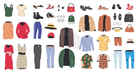 Illustration for Collection of Woman and Man Wardrobe. Set of Female and Male Clothes and Accessories. Various Girl and Boy Clothing. Jacket, Shoes, Shirt, Pants, Watches, Eyeglasses, Hat. Flat Vector Illustration - Royalty Free Image