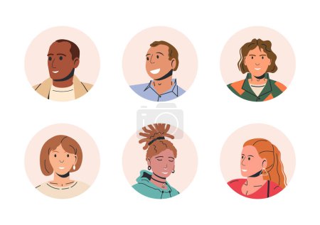Illustration for Different People Avatars. Set of Circle User Portraits. Male and Female Characters. Man and Woman in Trendy Outfit. Guys and Girls with Different Hairstyles and Ethnicities. Flat Vector Illustration - Royalty Free Image
