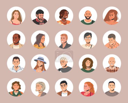 Illustration for Different People Avatars. Set of Circle User Portraits. Male and Female Characters. Man and Woman in Trendy Outfit. Guys and Girls with Different Hairstyles and Ethnicities. Flat Vector Illustration - Royalty Free Image