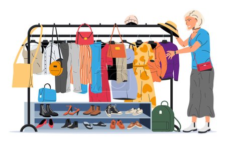 Illustration for Clothes and Accessories Hanging on Hanger. Home or Shop Wardrobe. Clothes and Accessories. Various Hanging Clothing. Jacket, Shirt, Jeans, Pants, Bags, Shoes and Hats. Cartoon Flat Vector Illustration - Royalty Free Image